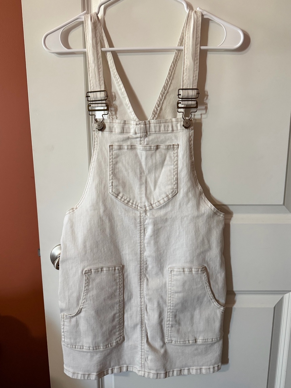 SO Cream Denim Overall Dress with Metal Hardware